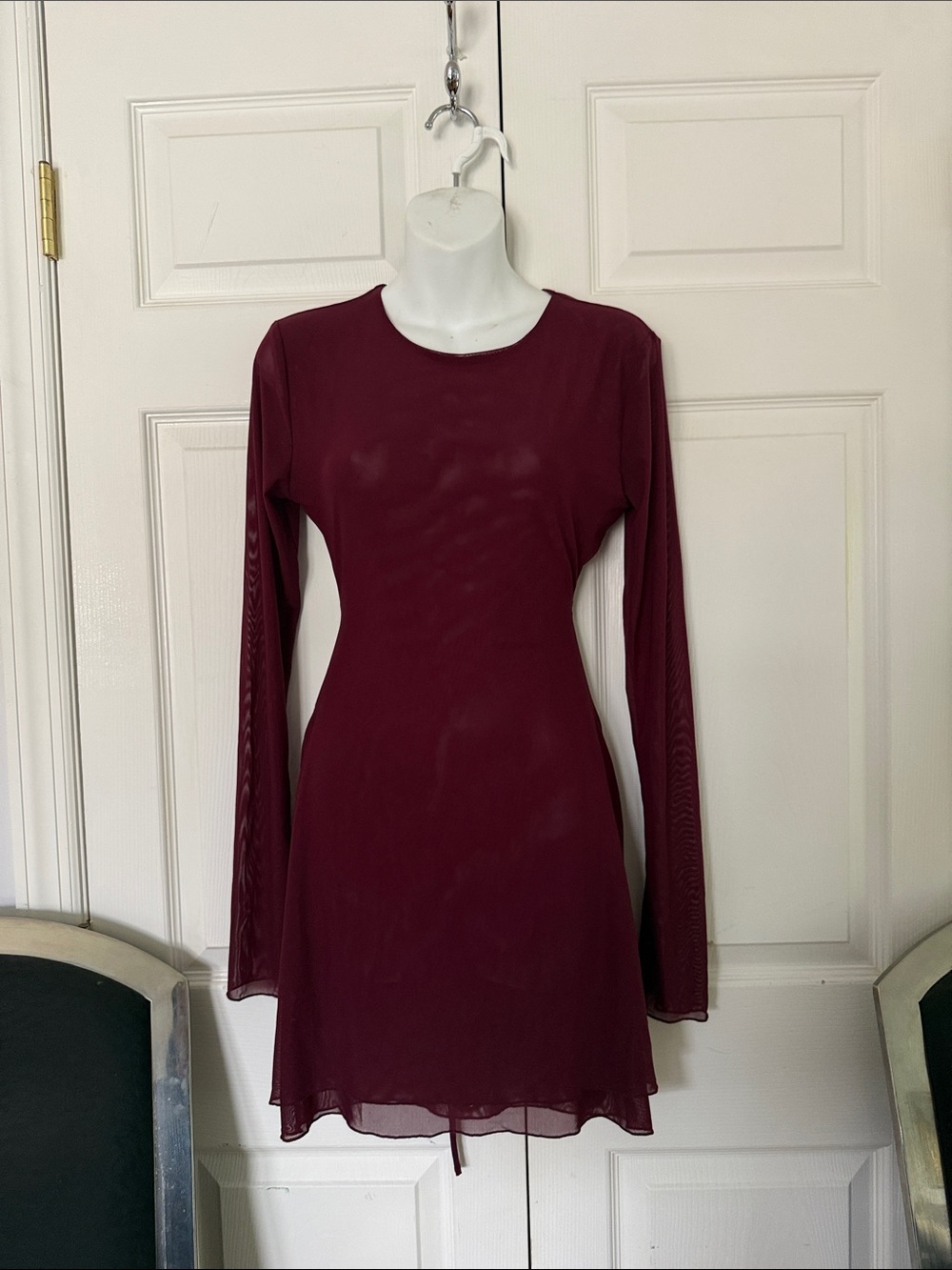 Edikted Burgundy Long Sleeve Sheer Overlay Dress